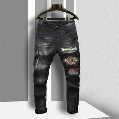 春秋季拉链刺绣牛仔长裤流行