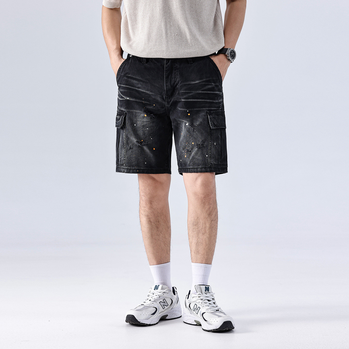 高端喷漆破洞工装牛仔短裤男多口袋做旧五分裤美式高街休闲中裤子