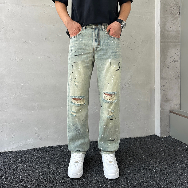 夏季复古破洞宽松直筒牛仔裤男