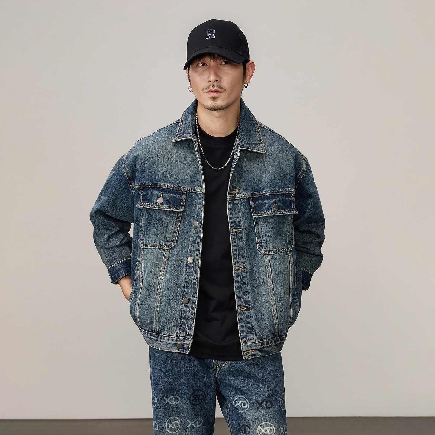 复古蓝做旧宽松牛仔夹克男春秋