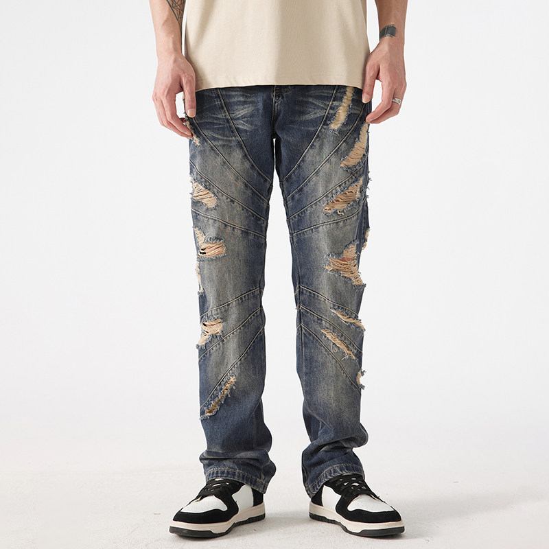 破洞美式高街潮牌牛仔裤男宽松直筒设计感小众乞丐休闲拼接长裤子,男装,牛仔裤,淘宝优惠券,粉丝福利购,淘宝优惠卷
