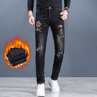 黑色刺绣花牛仔裤男加绒加厚弹力修身小脚裤秋冬季休闲长裤子潮牌