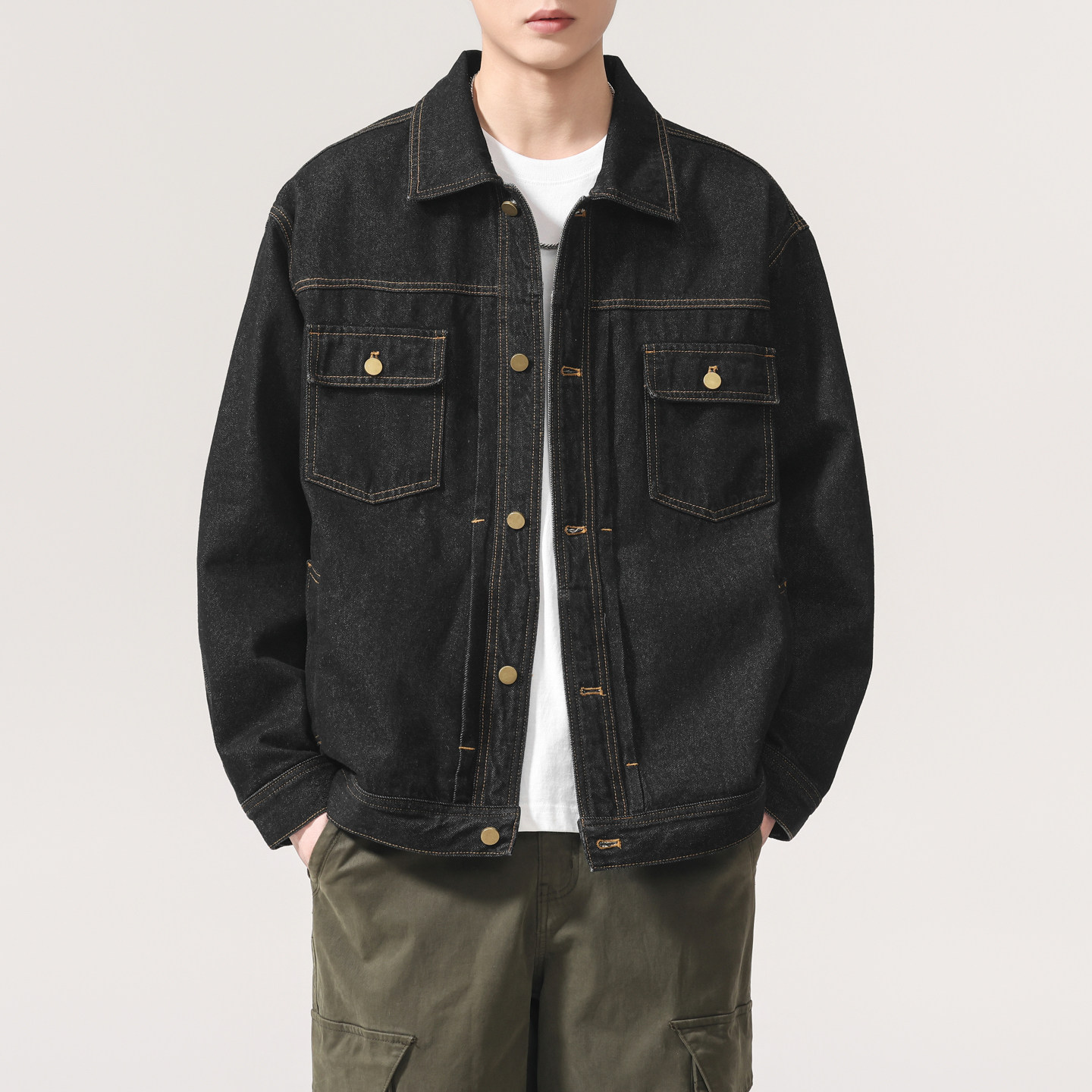 美式复古牛仔外套男春季新款宽松大码工装夹克翻领多口袋黑色上衣