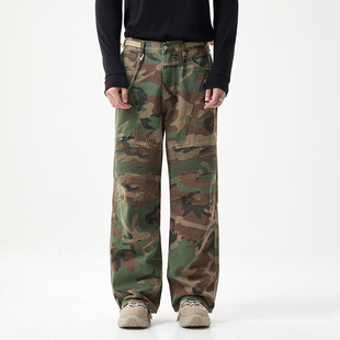 高端拼接压皱牛仔裤男潮牌美式高街宽松迷彩绿直筒工装机车长裤子