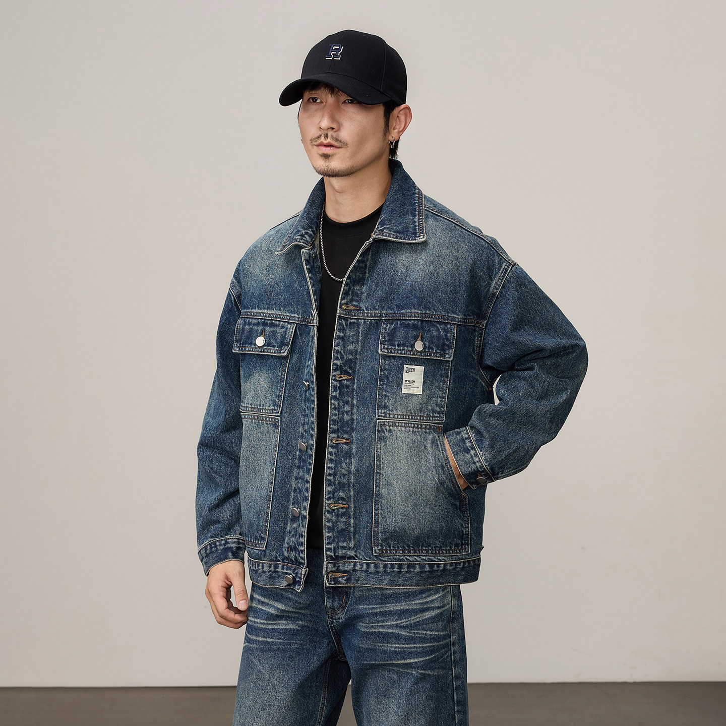 美式刺绣复古做旧工装牛仔外套男
