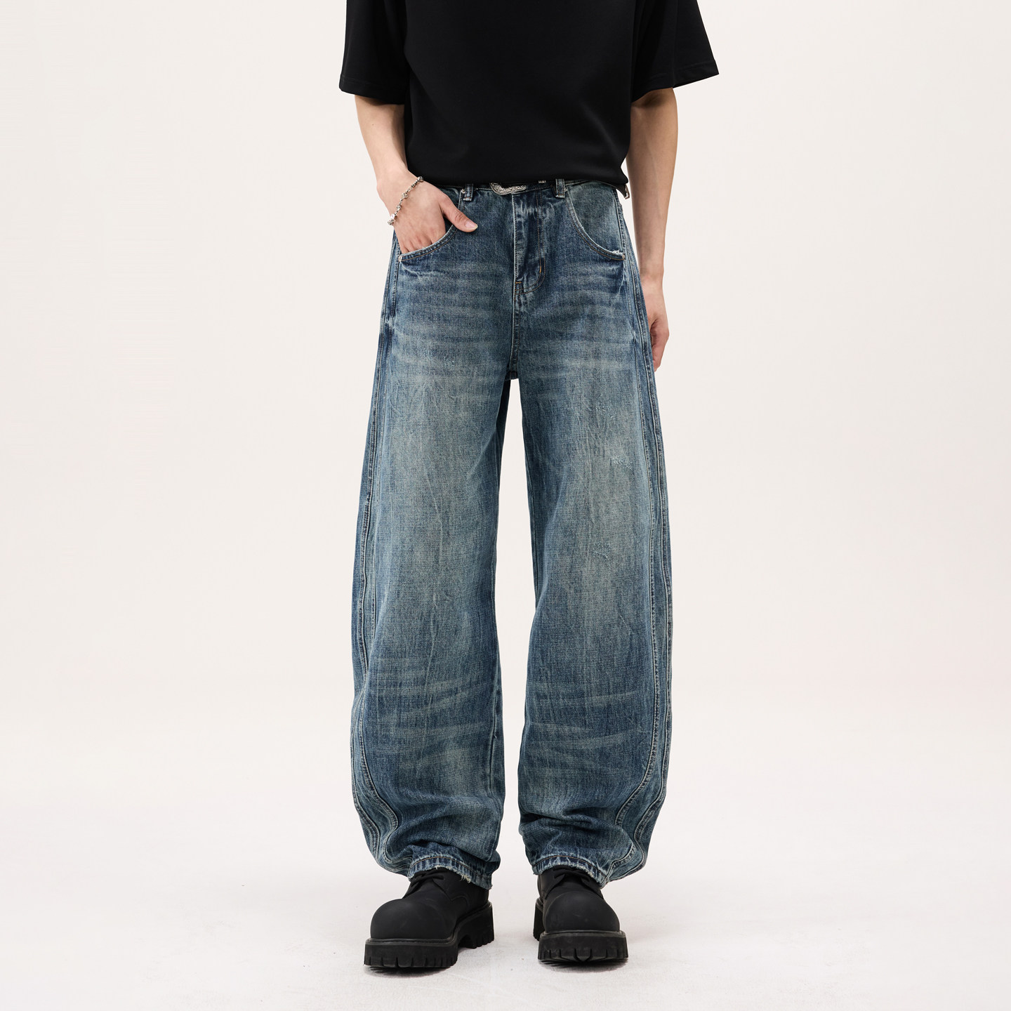 美式复古风水洗猫须弯刀牛仔裤男春季新款宽松阔腿直筒休闲长裤子