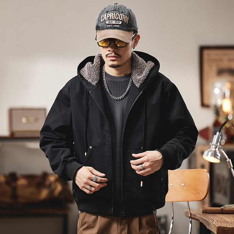 美式复古羊羔绒休闲外套男秋冬季加绒加厚棉服连帽工装夹克男潮牌
