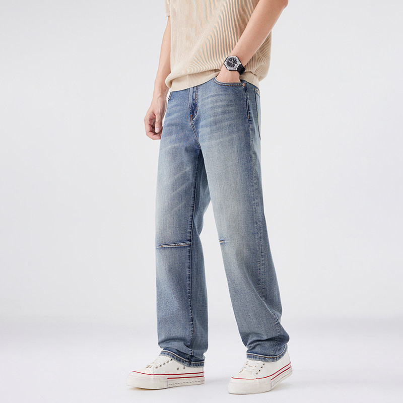 高端浅蓝色牛仔裤男宽松直筒美式高街春秋新款弹力阔腿休闲长裤子