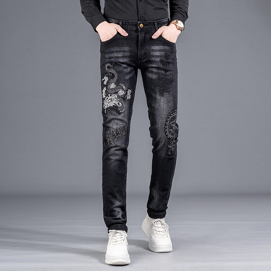 中国风刺绣龙牛仔裤男潮牌痞帅春秋季时尚休闲弹力修身小脚长裤子