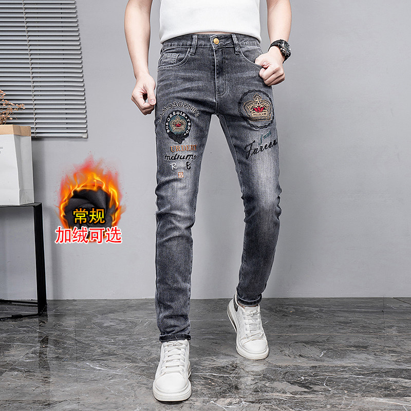 潮牌刺绣加绒加厚牛仔裤男秋冬季裤子修身小脚弹力休闲长裤子潮流