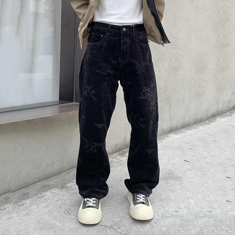 高级感个性黑色提花绒面牛仔裤男潮牌百搭宽松直筒百搭休闲长裤子