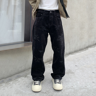 高级感个性黑色提花绒面牛仔裤男潮牌百搭宽松直筒百搭休闲长裤子