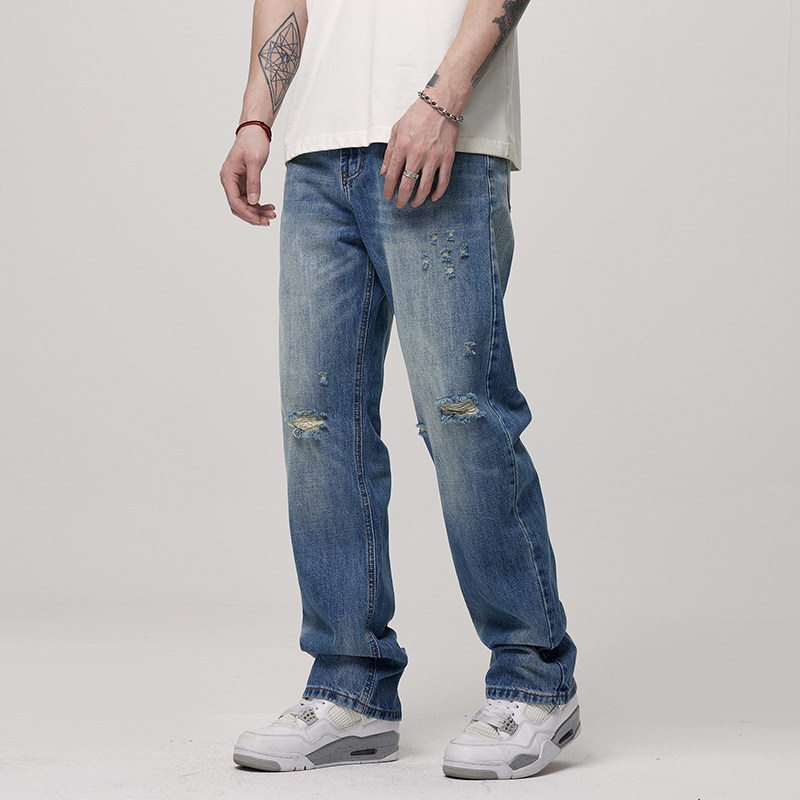 美式高街复古破洞牛仔裤男潮牌春秋季宽松直筒百搭休闲阔腿长裤子