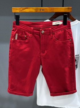 夏季薄款红色休闲短裤男修身直筒百搭帅气五分工装中裤子韩版潮流