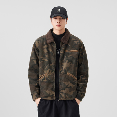 高端潮牌迷彩羊羔绒牛仔外套男款