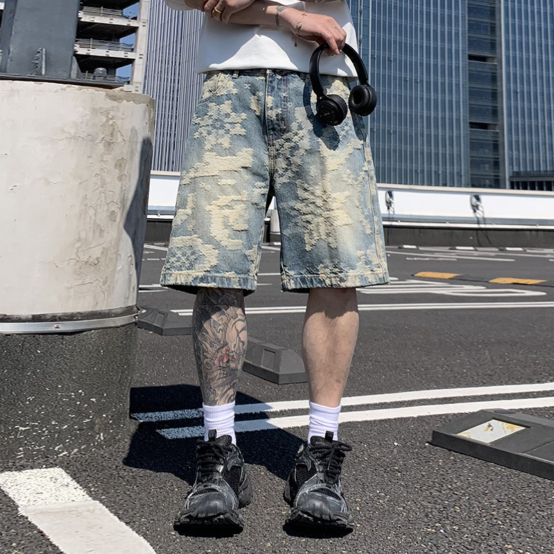 高端复古提花牛仔短裤男款