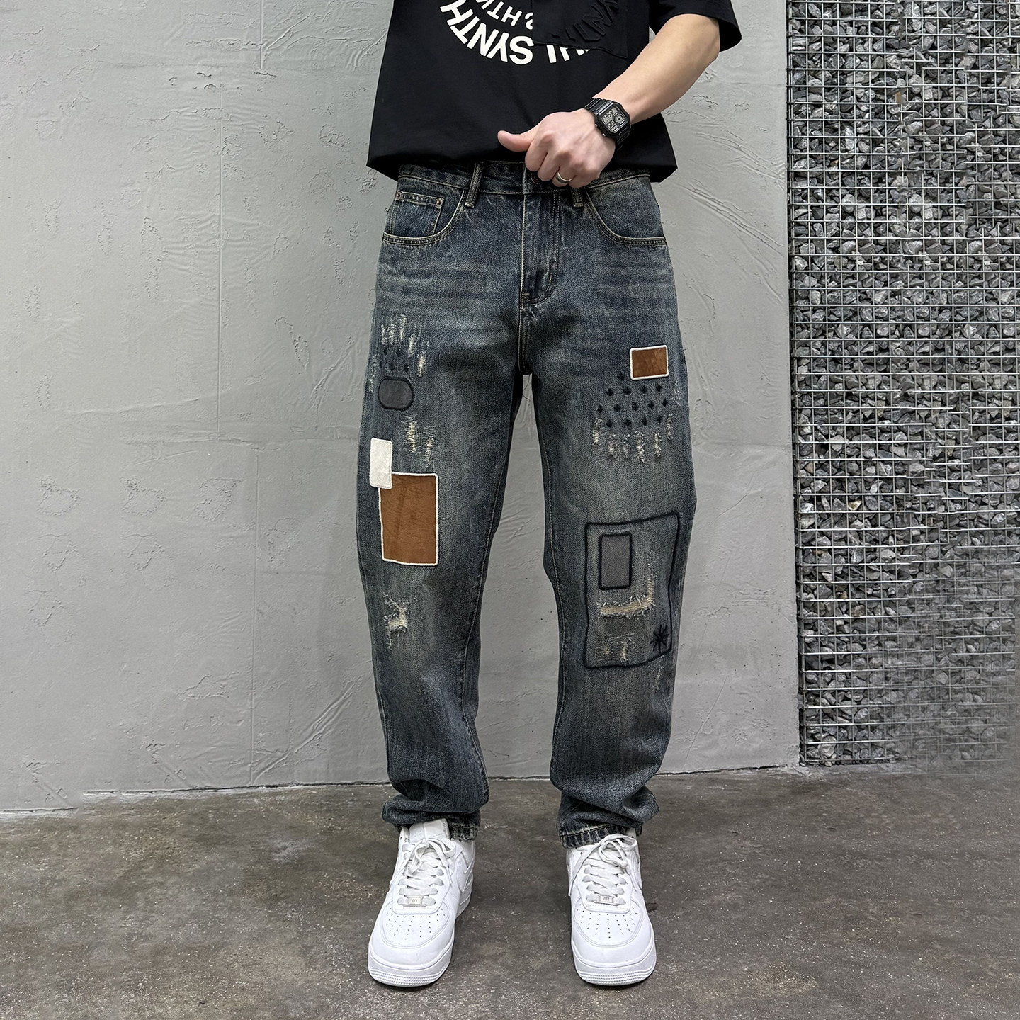 美式街头复古破洞宽松牛仔裤男