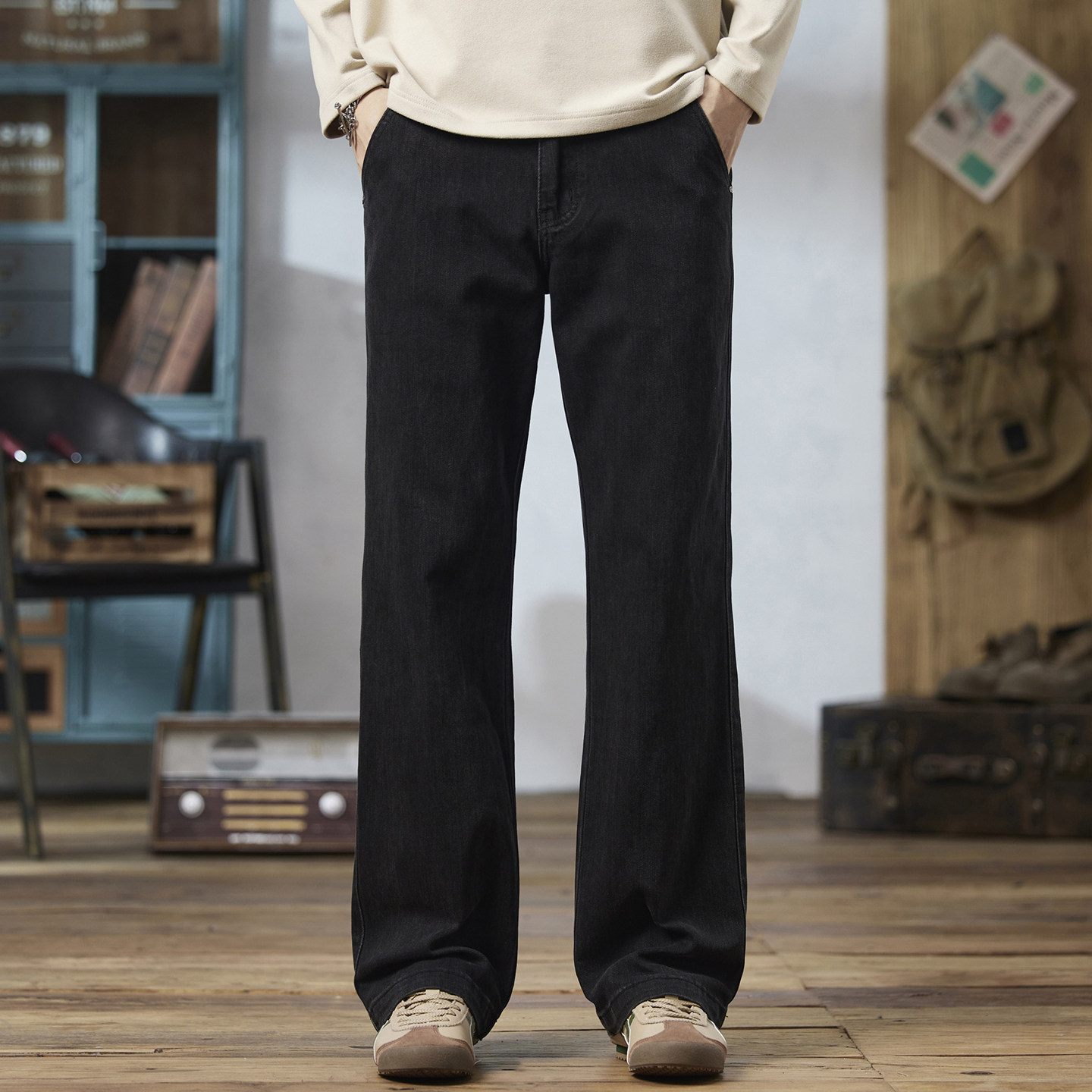 美式经典高端百搭黑色牛仔裤男款宽松直筒秋冬季松紧腰休闲长裤子