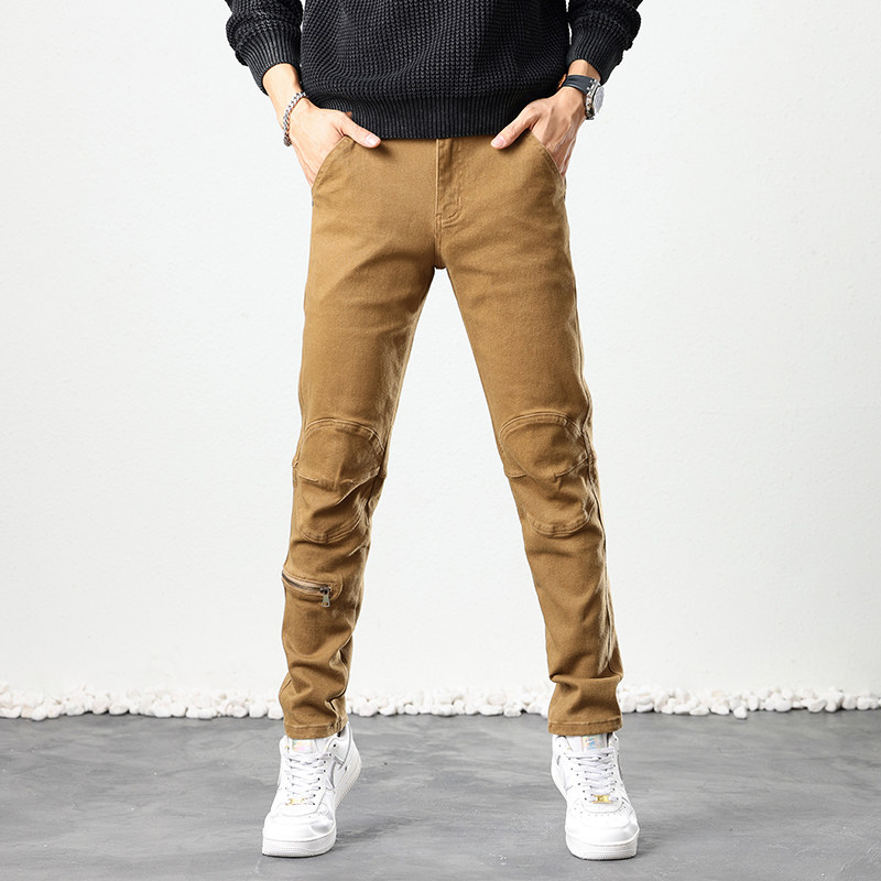 春秋季工装拼接欧美机车牛仔裤男帅气修身小脚拉链装饰休闲长裤子