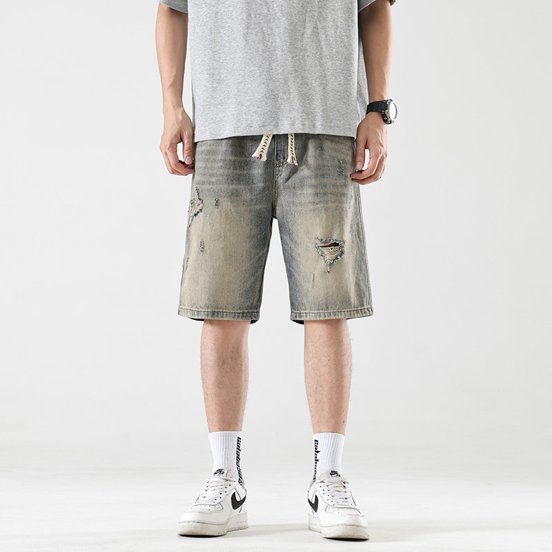 夏季薄款松紧腰破洞牛仔短裤男宽松直筒美式高街复古五分中裤潮流