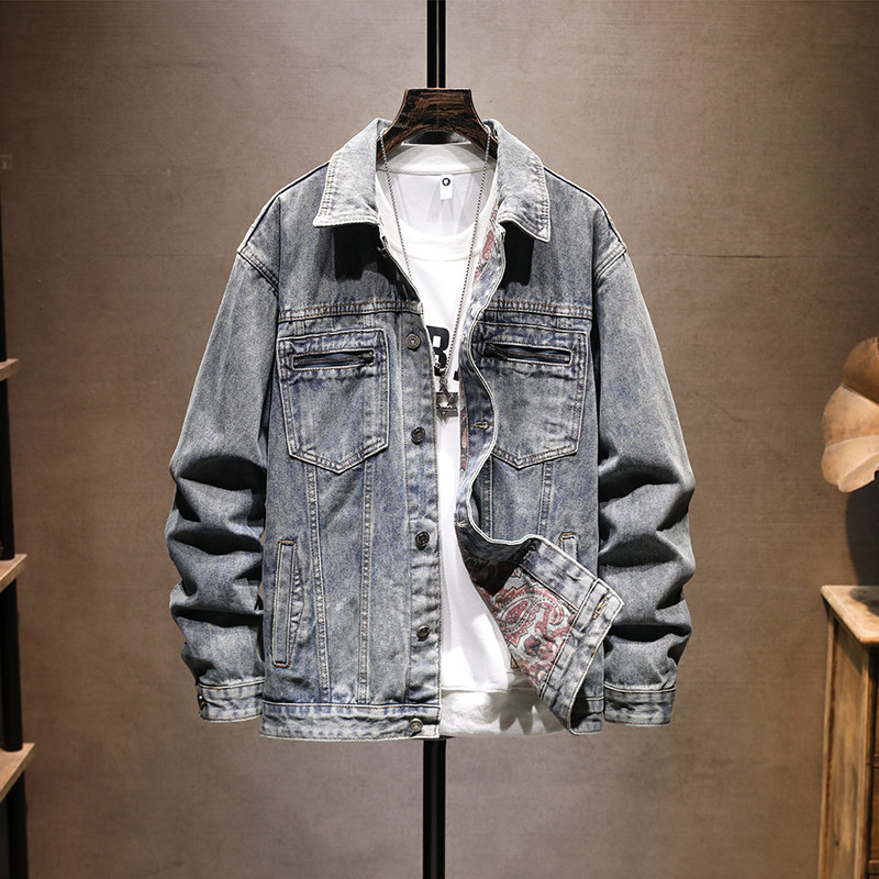春秋季翻领内印花修身牛仔外套