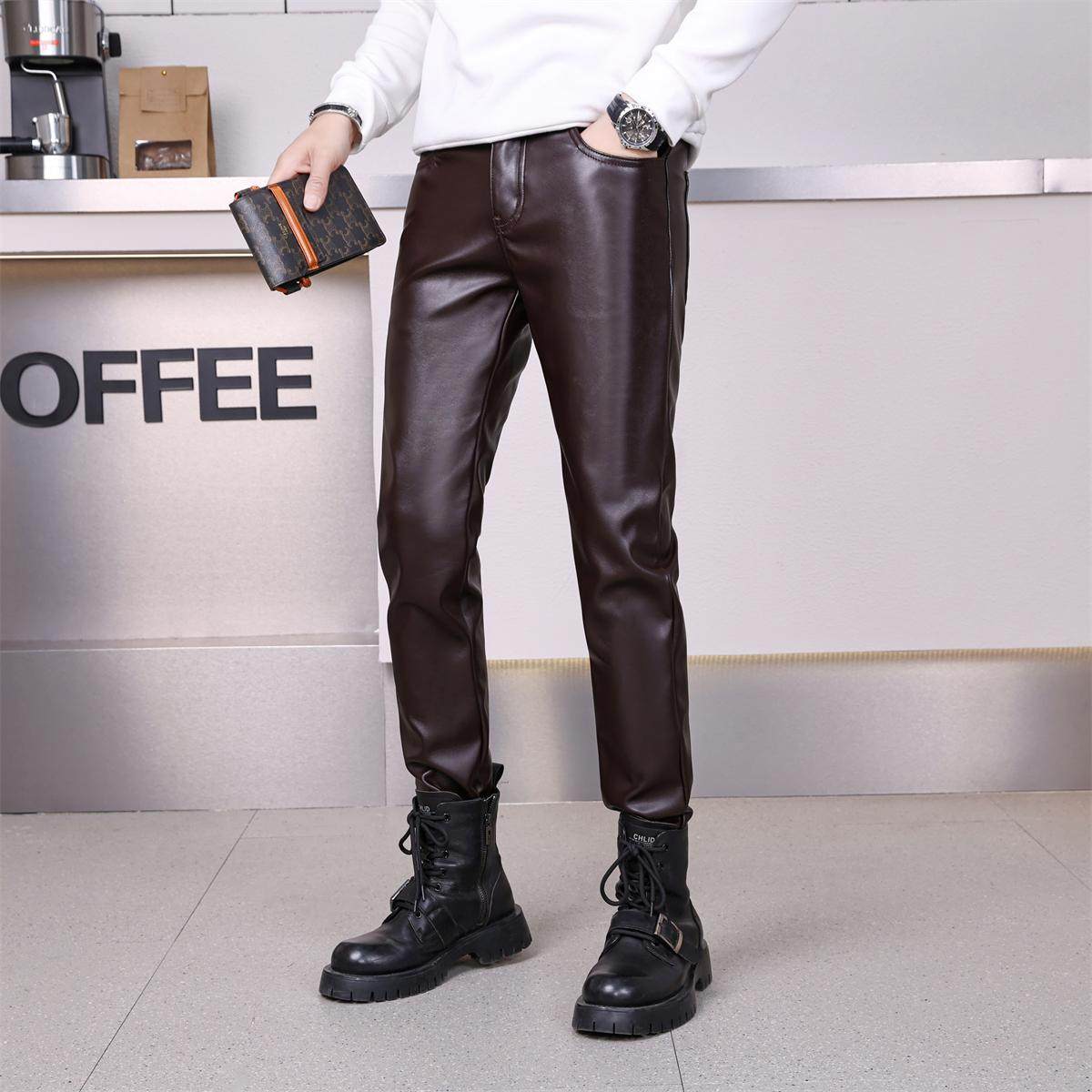 黑色牛仔休闲皮裤男款修身小脚摩托车长裤男士秋冬季防风防水裤子