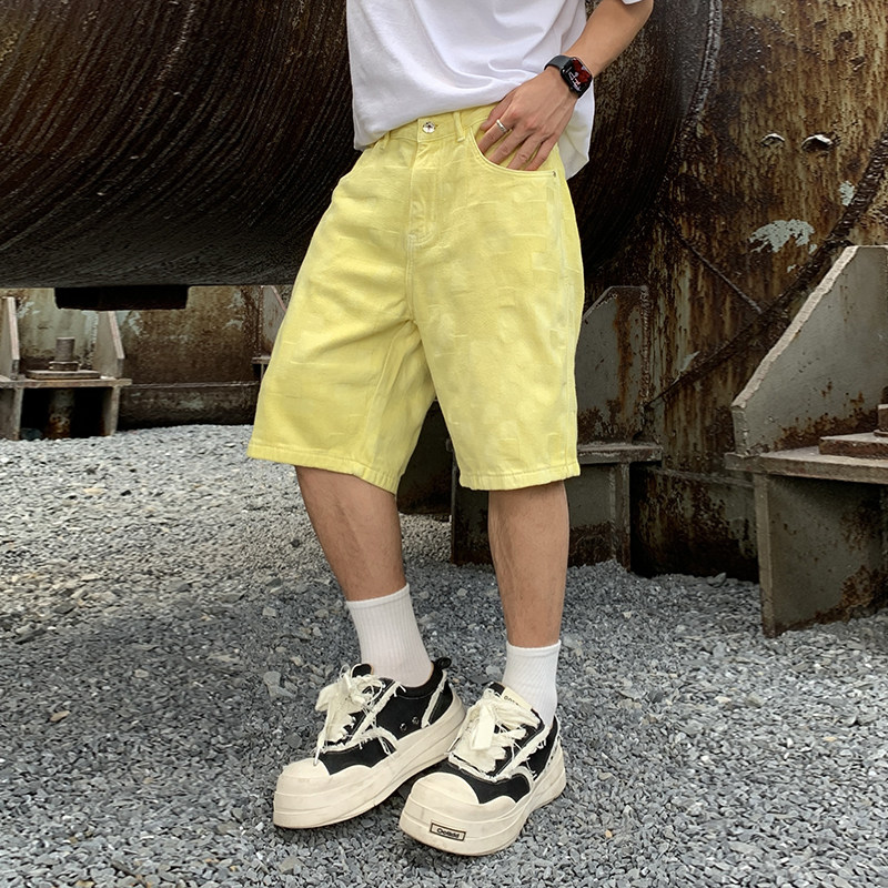 高端提花格子牛仔短裤男欧货夏季新款潮牌宽松直筒休闲五分中裤子