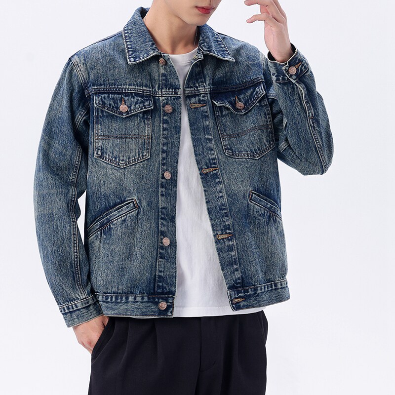 复古工装短款牛仔外套男春秋