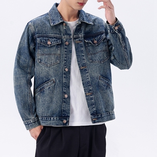 美式复古工装牛仔外套男春秋季宽松翻领休闲百搭短款夹克上衣潮牌