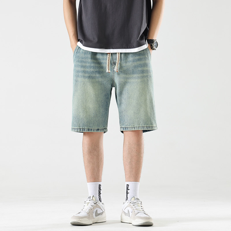 轻奢高级感牛仔短裤男款松紧腰绑带宽松直筒中裤复古痞帅五分裤子