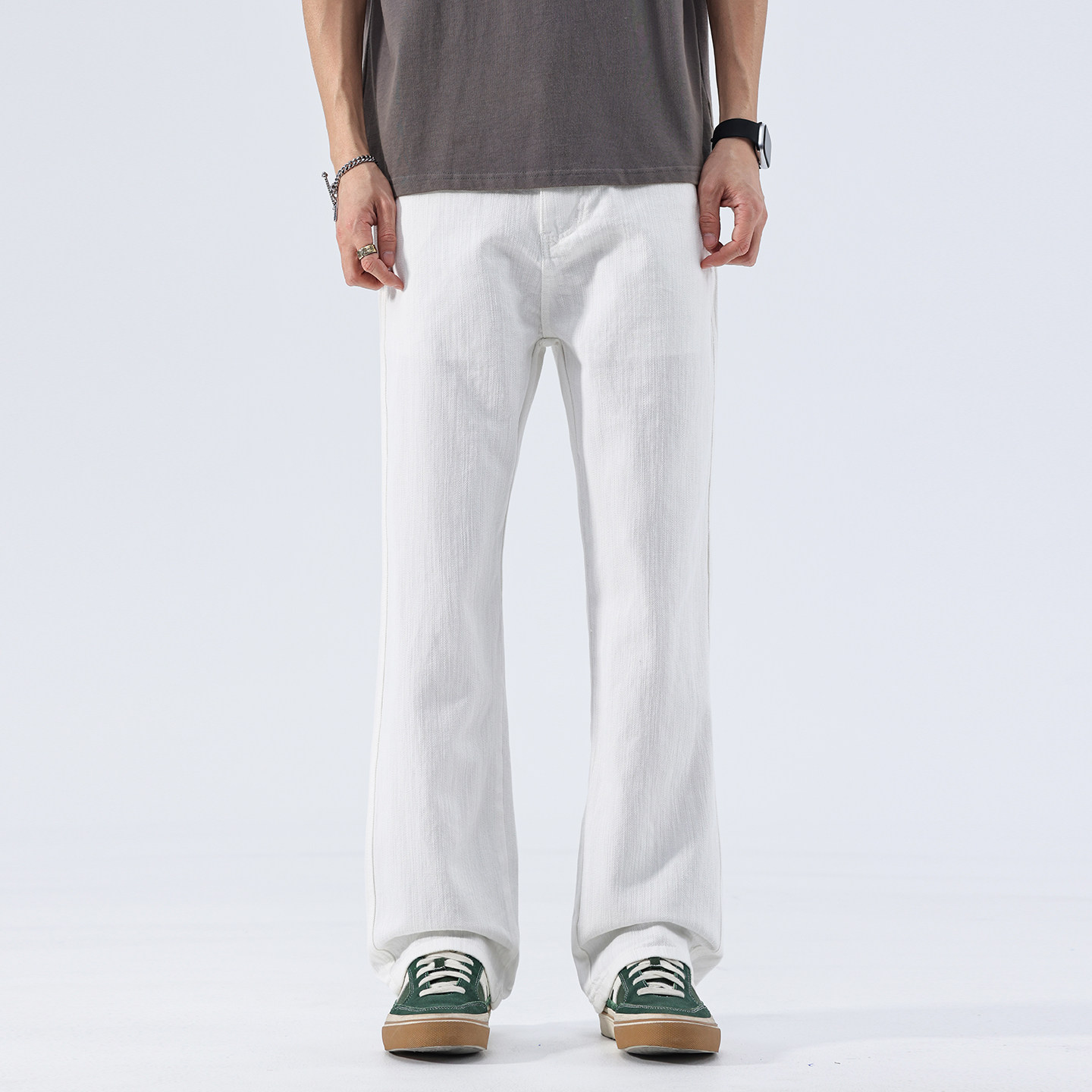 高端白色牛仔裤男士春季新款宽松直筒阔腿拖地休闲百搭长裤子潮牌