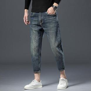 矮个小个子八分锥形鲤锦印花牛仔裤男小直筒复古做旧厚款九分裤子