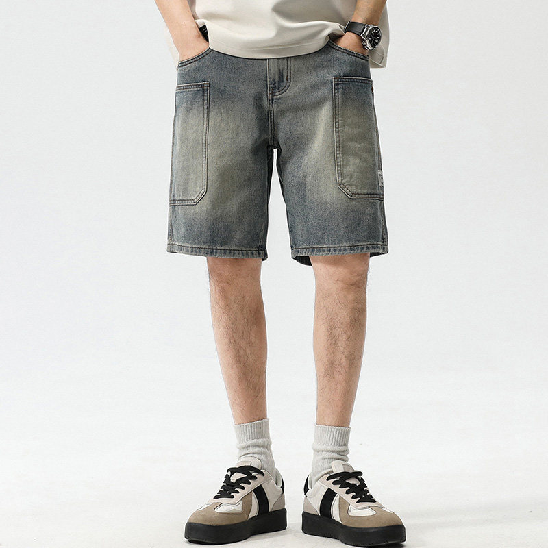 美式高街大口袋复古牛仔短裤男潮牌宽松直筒五分裤男休闲中裤潮流