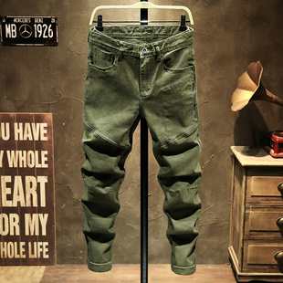 高端拼接加绒工装牛仔裤男欧美弹力休闲百搭保暖修身小脚裤子潮牌