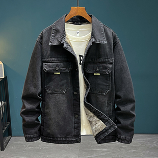 高端加绒加厚牛仔衣外套男款潮牌秋冬季痞帅宽松大码保暖夹克外衣