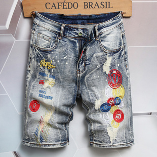 个性破洞刺绣牛仔短裤男夏季新款宽松直筒中裤时尚补丁五分裤潮牌