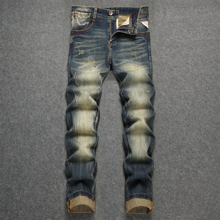 高品质破洞补丁复古牛仔裤男潮牌春秋新款美式高街修身直筒长裤子