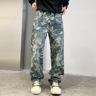 复古提花潮牌牛仔裤男款宽松直筒美式高街风阔腿痞帅男生休闲裤子