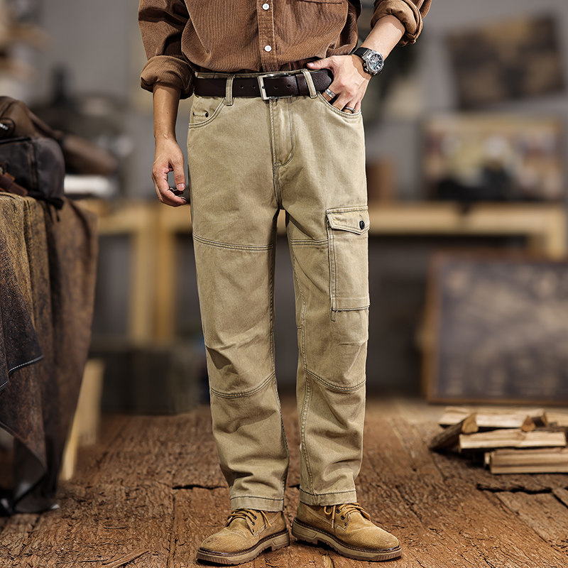 高端工装牛仔裤男宽松直筒美式重磅户外复古大口袋伐木休闲长裤子