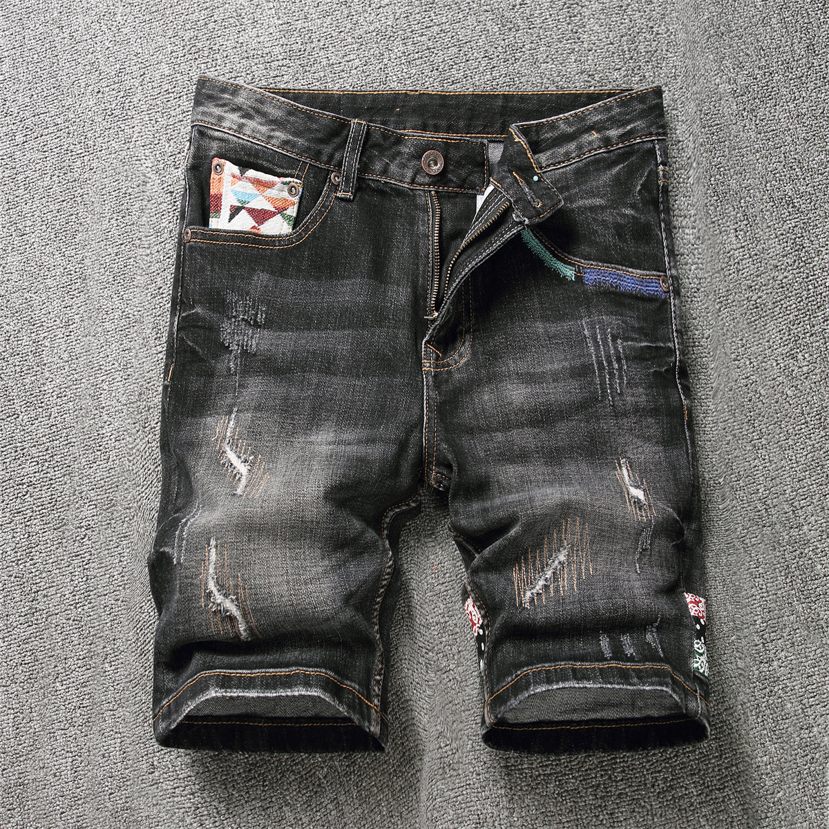 高端重工复古刺绣拼接牛仔短裤男破洞补丁设计感烫印花五分中裤子