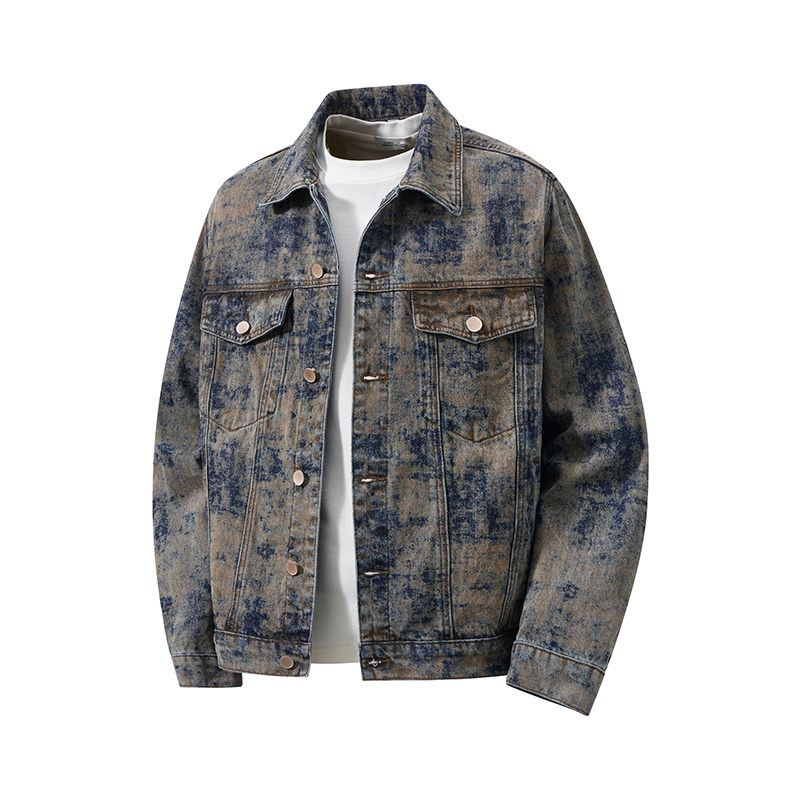 高街风激光复古斑驳纹理做旧工装牛仔外套男腰果花夹克痞帅上衣服