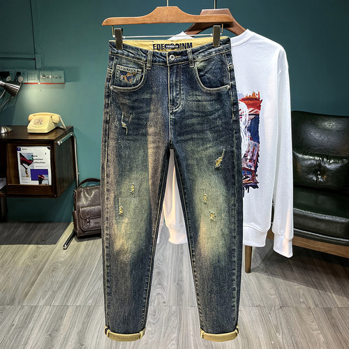 春秋季破洞复古色拉链牛仔裤长裤