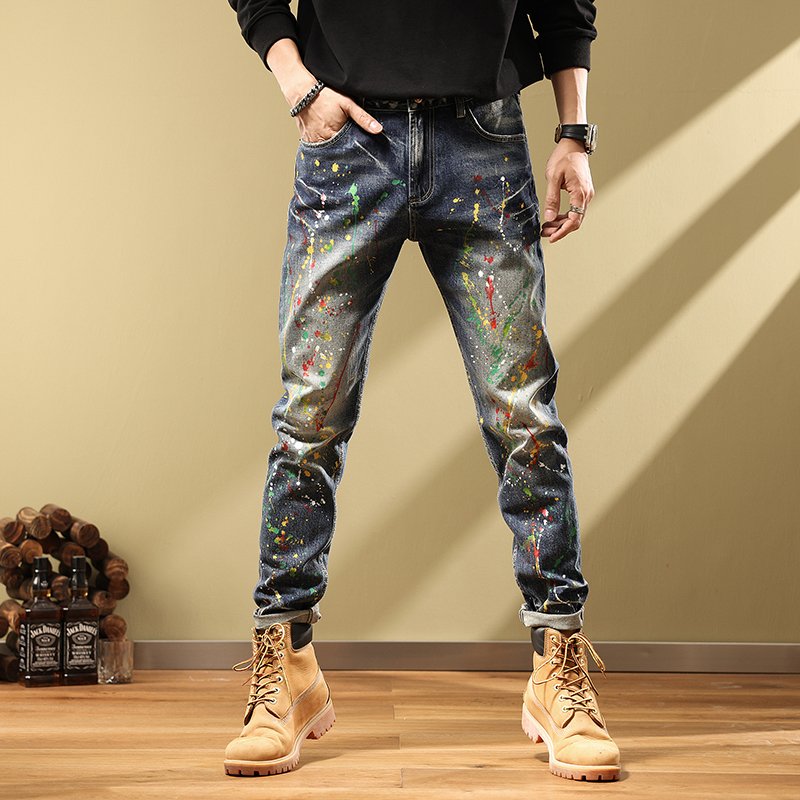 春秋季拉链复古泼墨牛仔长裤