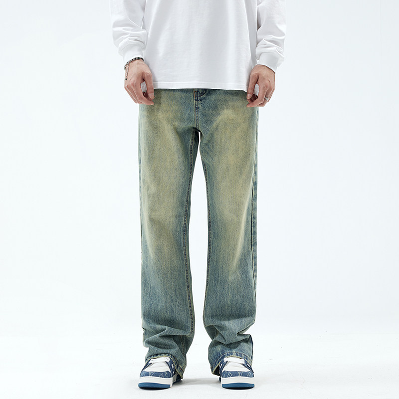 美式黄泥染牛仔裤男款潮牌春秋季痞帅宽松直筒复古做旧休闲长裤子
