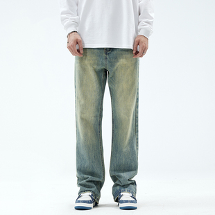 美式黄泥染牛仔裤男款潮牌春秋季痞帅宽松直筒复古做旧休闲长裤子