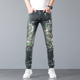 小脚潮牌高街风休闲长裤 高端街头破洞补丁复古泼墨牛仔裤 男修身 子