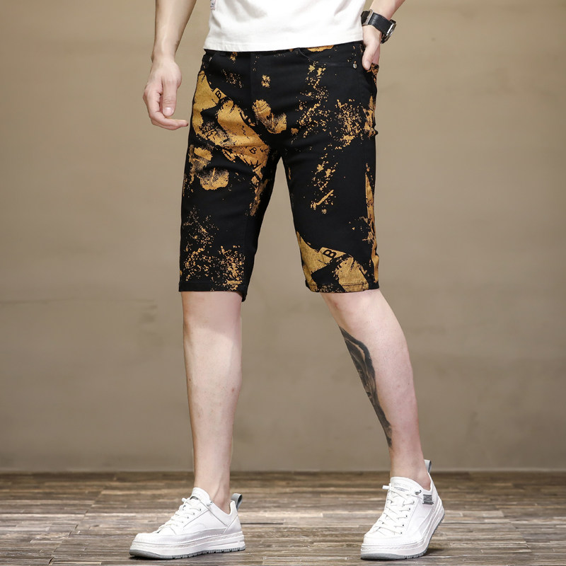 印花修身直筒休闲五分裤