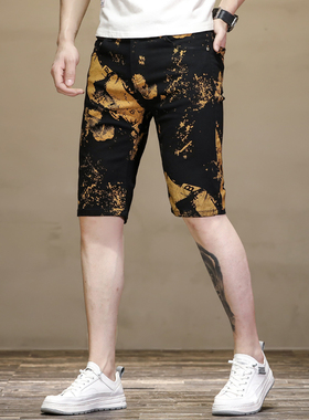 个性印花休闲短裤男士ins潮流黑色五分裤修身直筒时尚花色中裤子