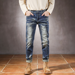 2023年秋季新款复古做旧磨白牛仔裤男潮牌修身小直筒裤子男欧洲站