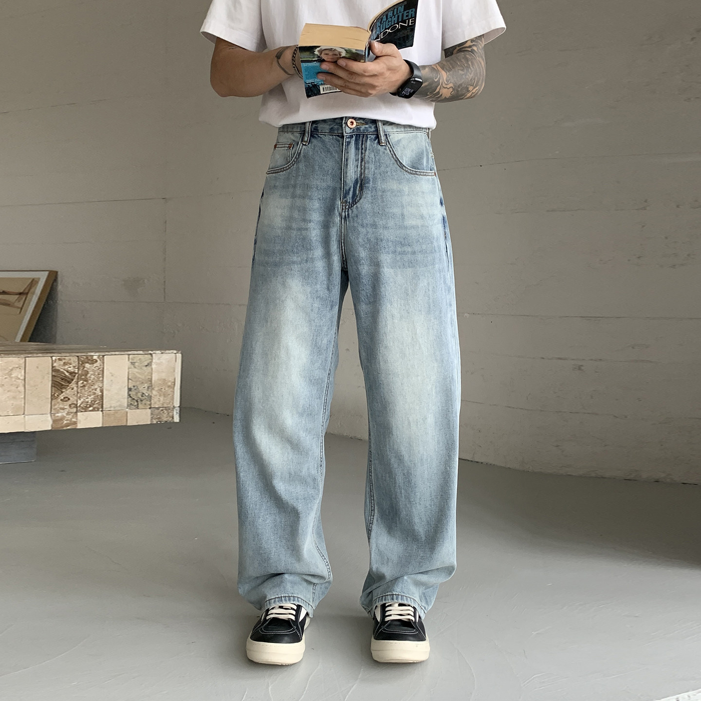 美式水洗蓝牛仔裤男生简约风夏季薄款宽松直筒休闲百搭长裤子潮流